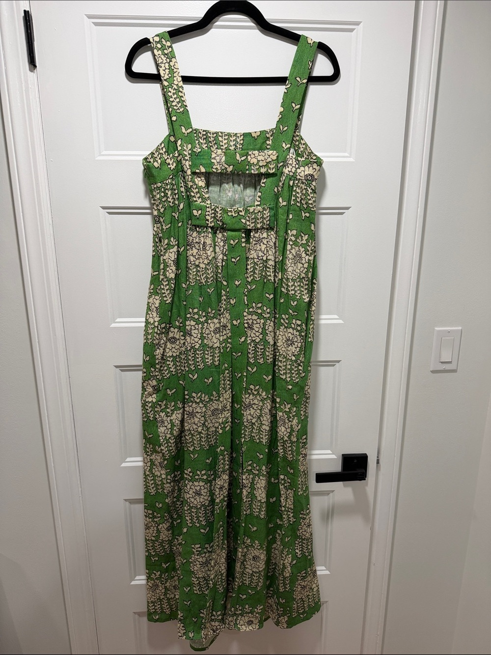 Oroton Green Floral Maxi Dress with Cream Blooms and Bow Back